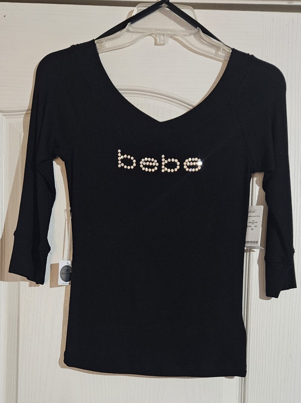 bebe Black V-Neck Rhinestone Logo 3/4 Sleeve. NWT